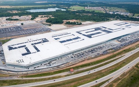 Completed Gigafactory Texas aerial, TESLA solar roof