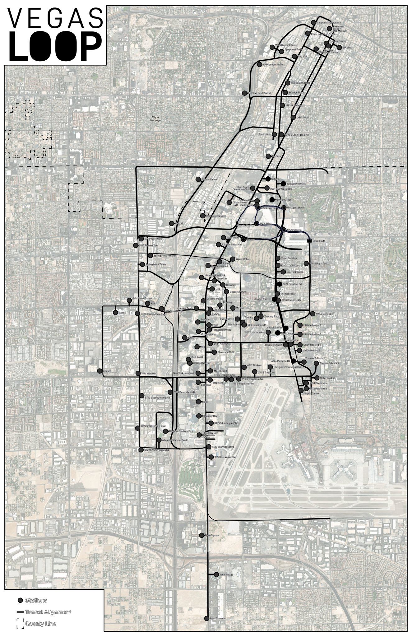 The Boring Company map of Las Vegas Loop stations after Clark County approved 19 more stations, entitled total 123.
