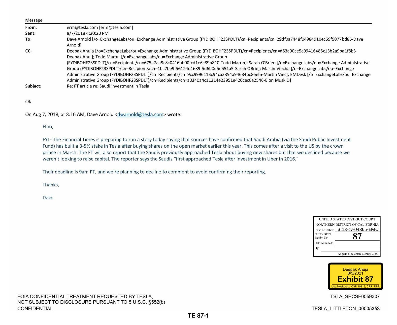 Court scan of Elon Musk's August 7, 2018 Ok reply about the Financial Times Saudi Tesla story, trial exhibit 87.