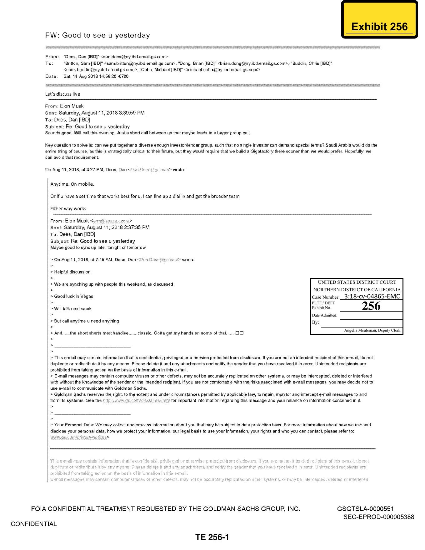 Court scan of the August 11, 2018 Goldman Sachs email thread with Elon Musk, trial exhibit 256.