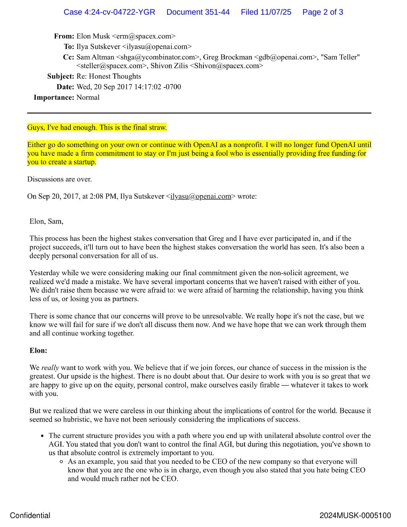 Court scan of Elon Musk's September 20, 2017 Honest Thoughts email to Ilya Sutskever, Exhibit 41.