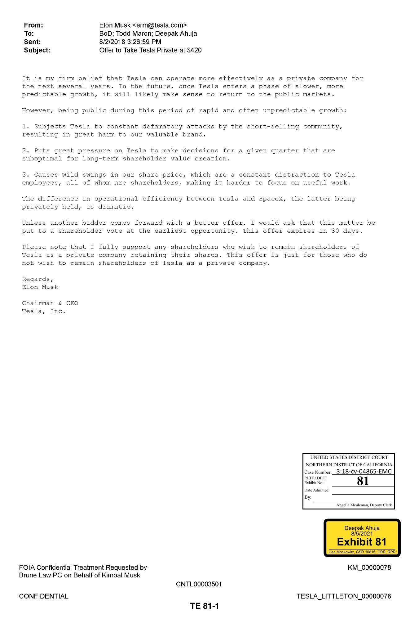 Court scan of Elon Musk's August 2, 2018 email to the Tesla board offering to take Tesla private at $420, trial exhibit 81.