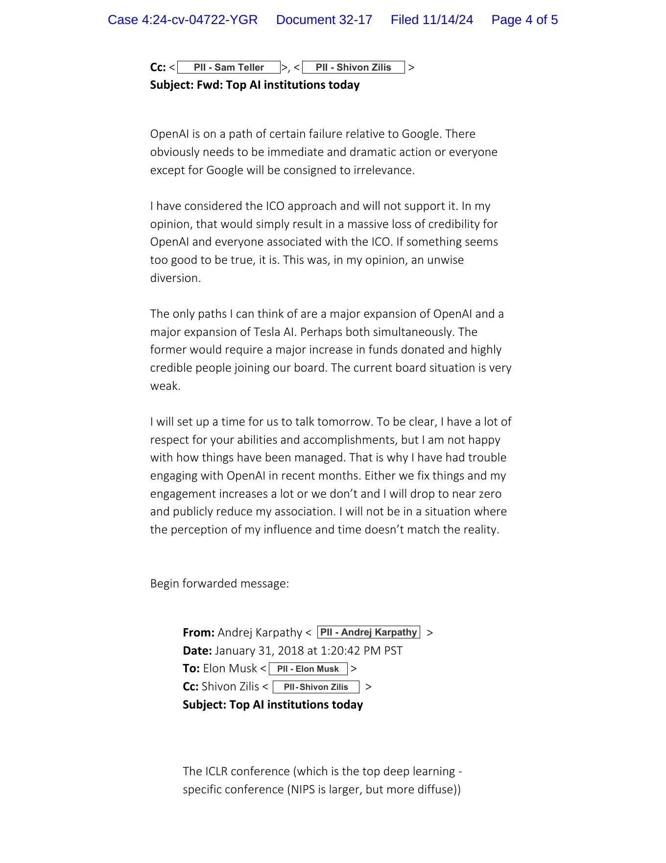 Court scan of Elon Musk's January 31, 2018 email saying OpenAI is on a path of certain failure relative to Google, Exhibit 16.
