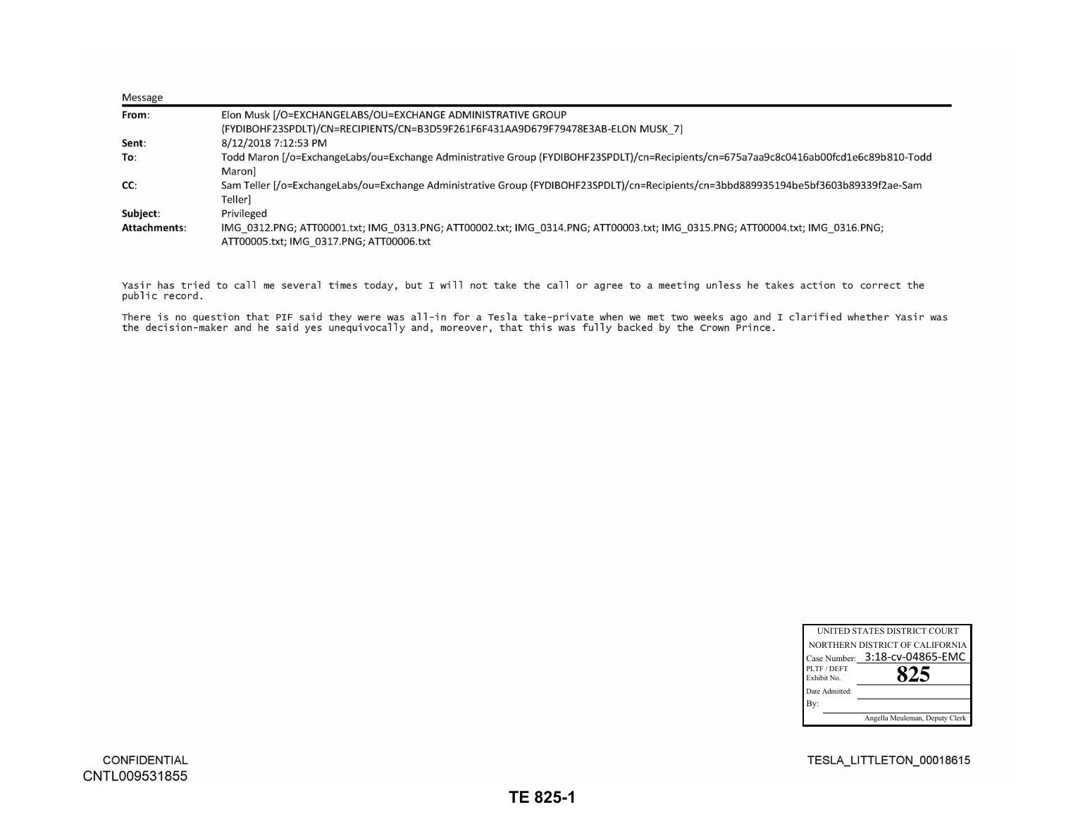 Court scan of Elon Musk's August 12, 2018 Privileged email to Todd Maron about Yasir Al-Rumayyan, trial exhibit 825.