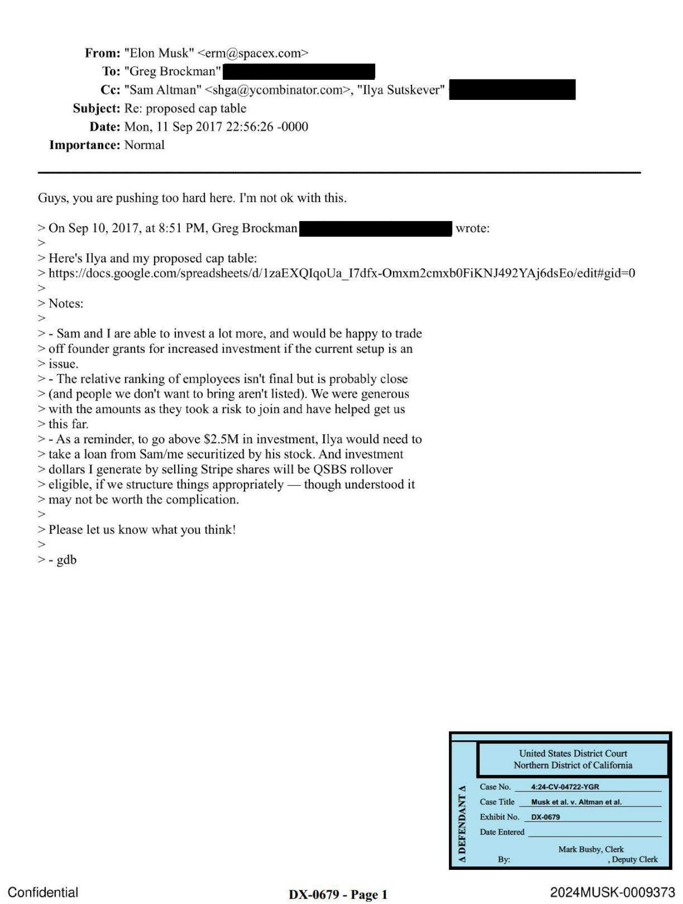 Court scan of Elon Musk's September 11, 2017 email from erm@spacex.com, DocumentCloud exhibit 679.