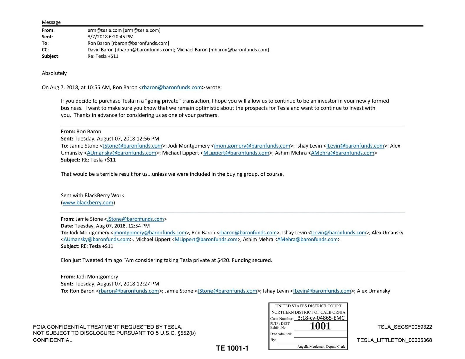 Court scan of Elon Musk's August 7, 2018 email reply Absolutely to Ron Baron, trial exhibit 1001.