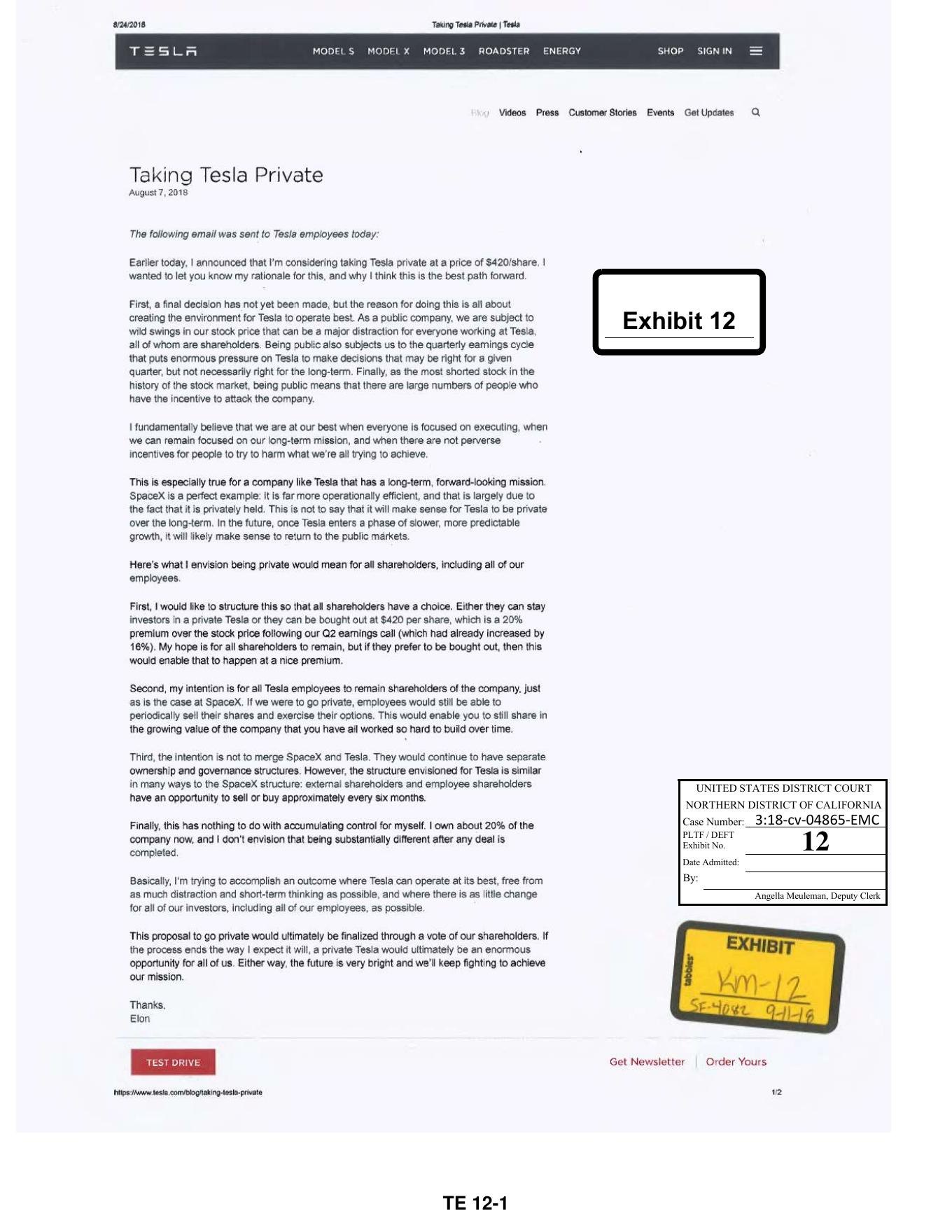 Court scan of Tesla's August 7, 2018 blog post reprinting Elon Musk's staff email, trial exhibit 12.