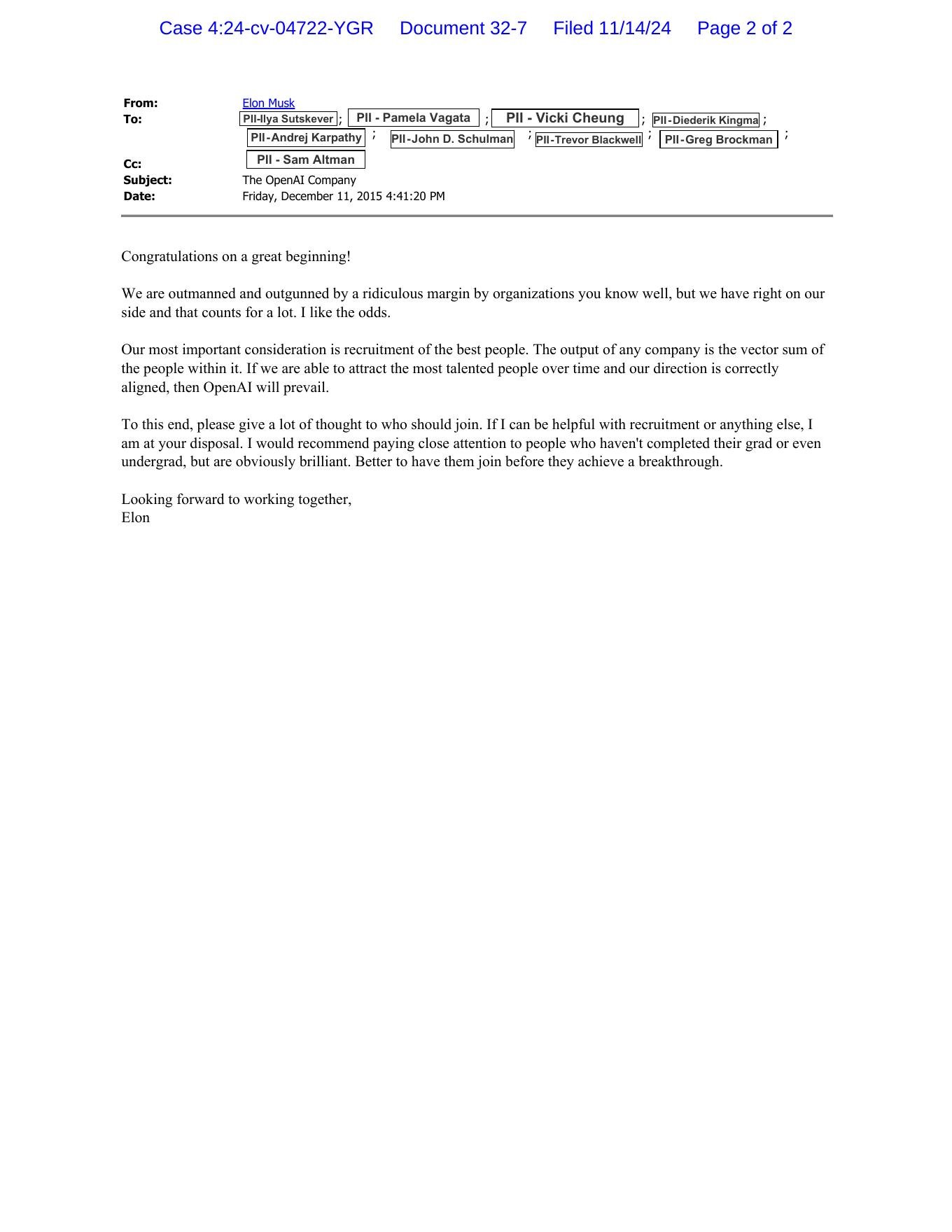 Court scan of Elon Musk's December 11, 2015 email to the OpenAI founding team, Exhibit 6.