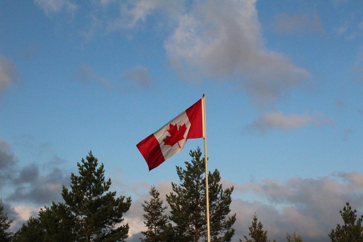 The Canadian flag waving against a pale sky