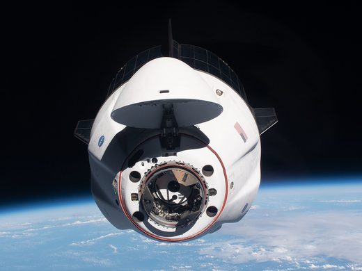 Crew Dragon Endeavour, nose cone open, approaching the International Space Station in April 2021