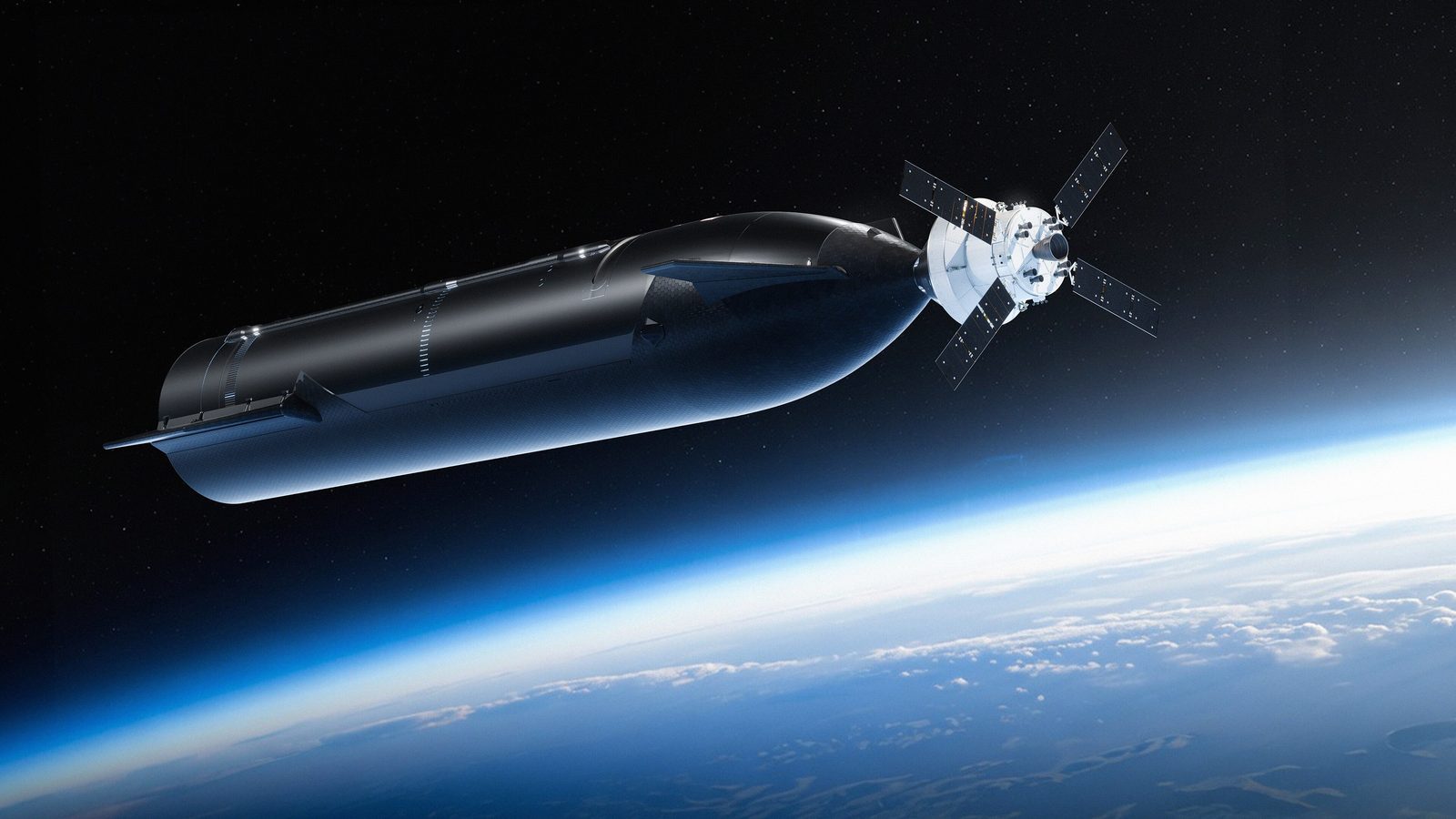 NASA and SpaceX illustration of an Orion capsule docking with a Starship HLS test article in low Earth orbit