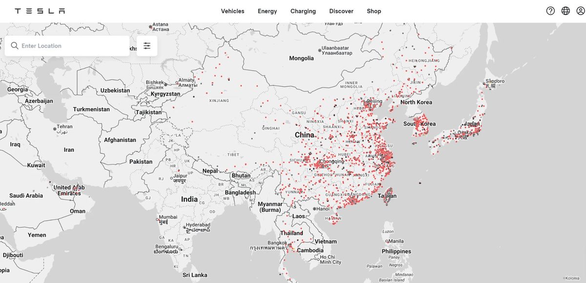 Tesla Supercharger locations across Asia