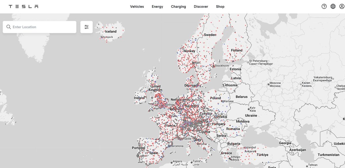 Tesla Supercharger locations across Europe
