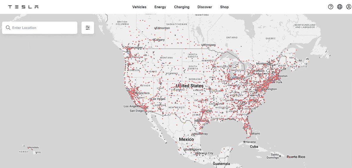 Tesla Supercharger locations across North America