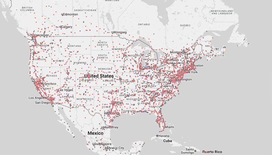 Tesla Supercharger locations across North America