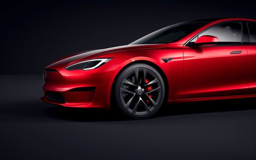 Red Tesla Model S, front detail