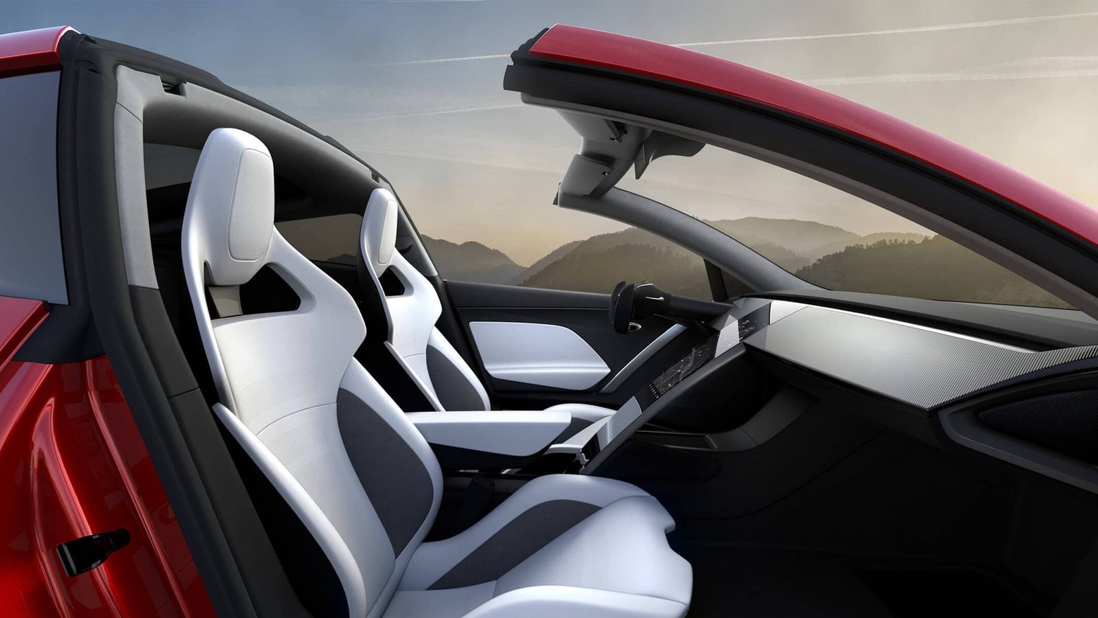 Next-generation Tesla Roadster interior with white bucket seats and a yoke steering wheel