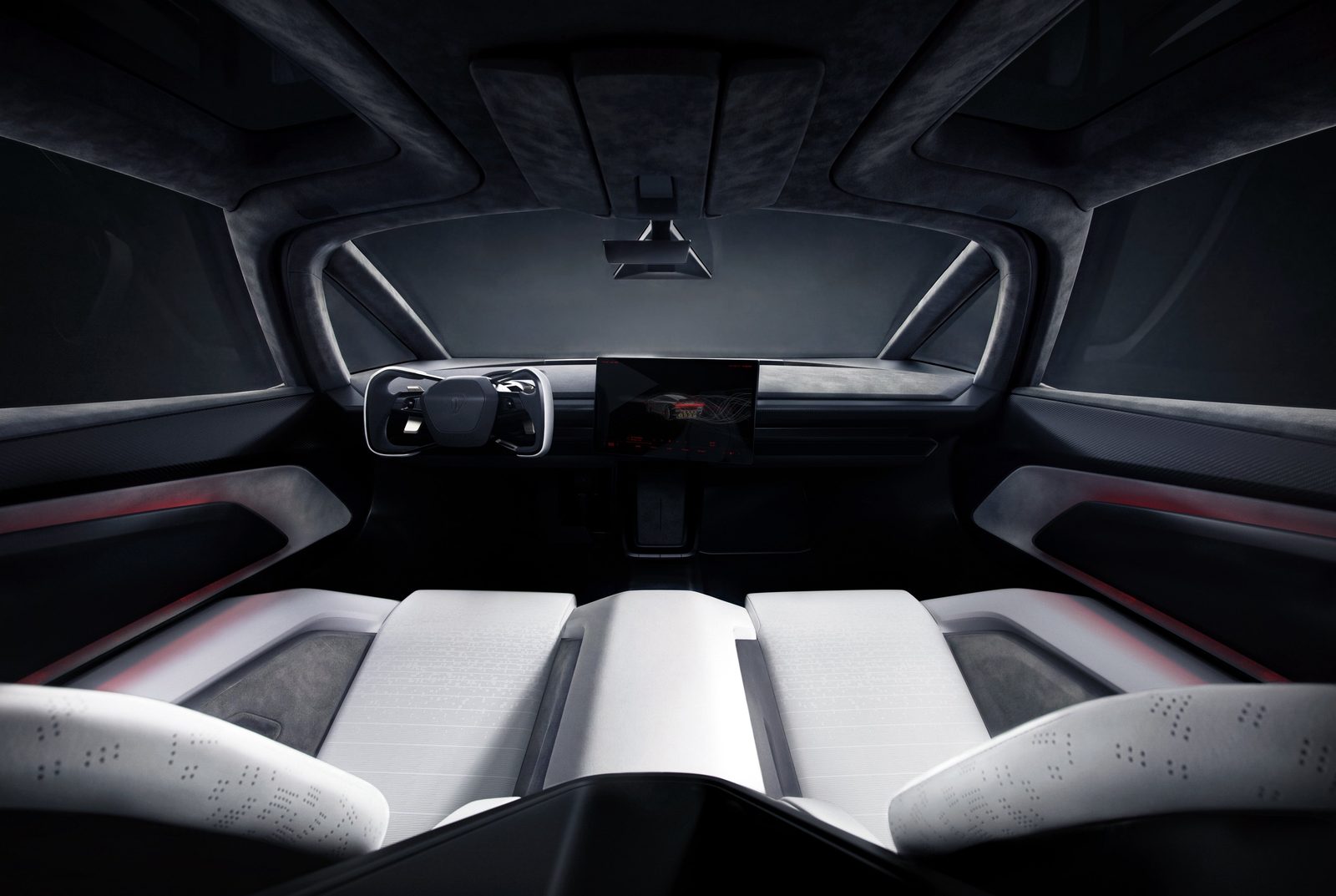 Cabin of the 2026 Tesla Roadster seen from behind its two white seats, with a yoke and a center touchscreen