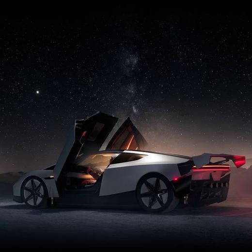 The 2026 Tesla Roadster under a starry sky with both doors raised and its rear wing up