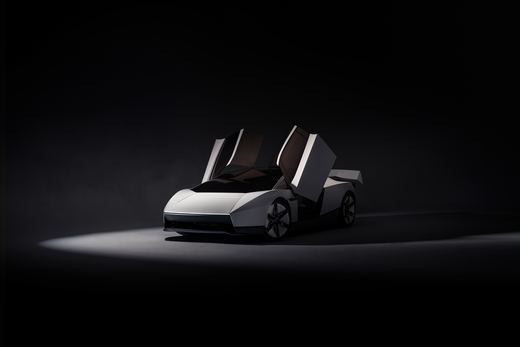 Front three-quarter view of the 2026 Tesla Roadster in a dark studio with both doors raised
