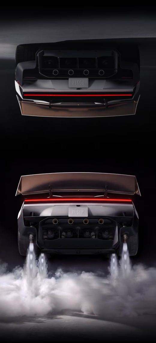 Two rear views of the 2026 Tesla Roadster, one with its thrusters firing clouds of gas