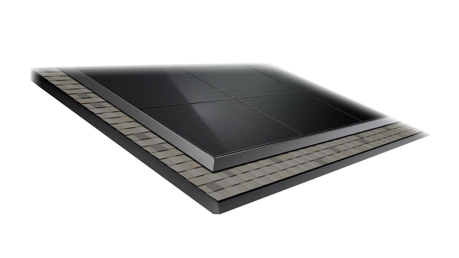 Tesla Solar Roof tiles with a glass solar section bordered by textured shingles