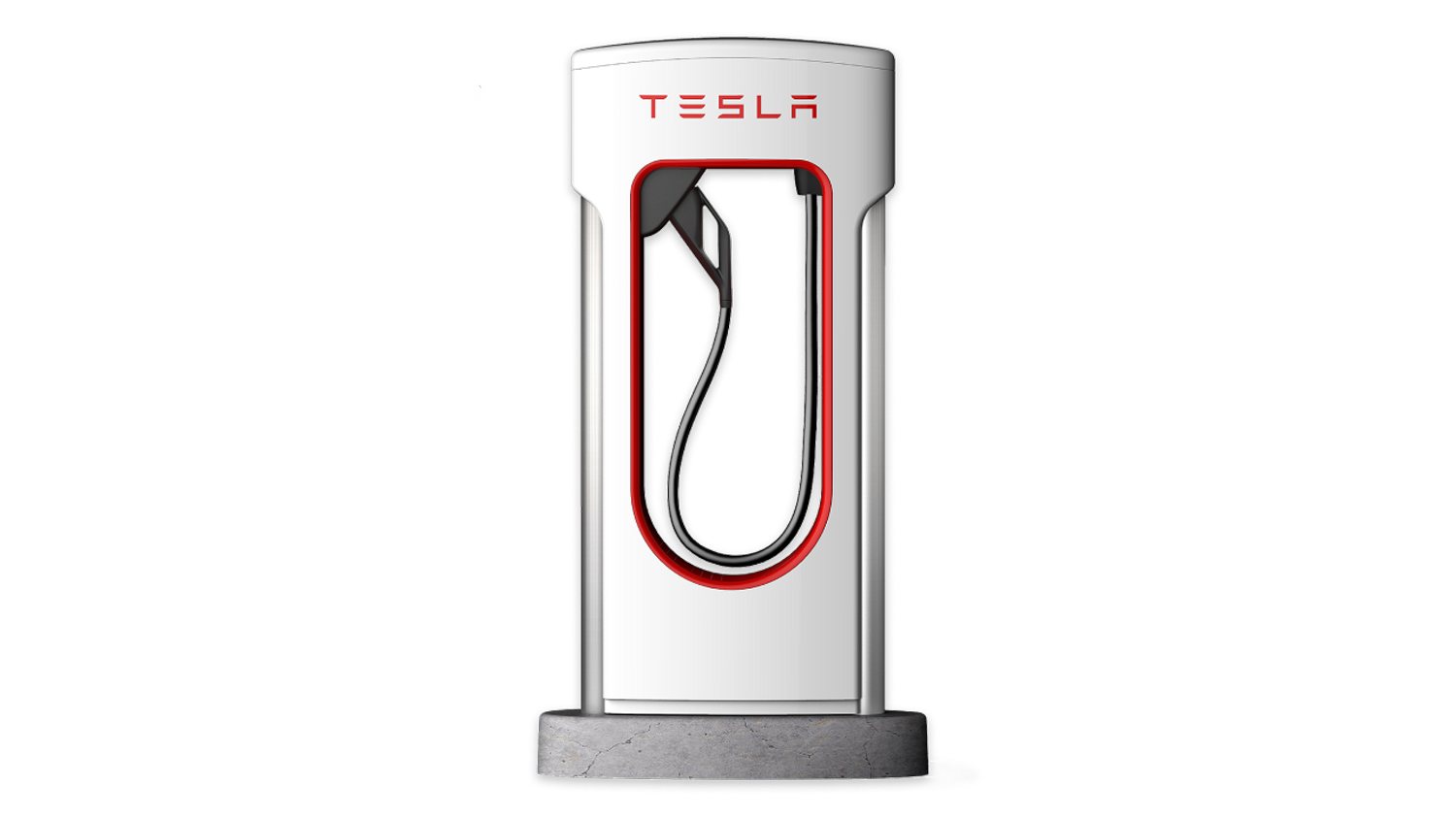 White Tesla Supercharger stall with a red inner ring and docked cable on a black background