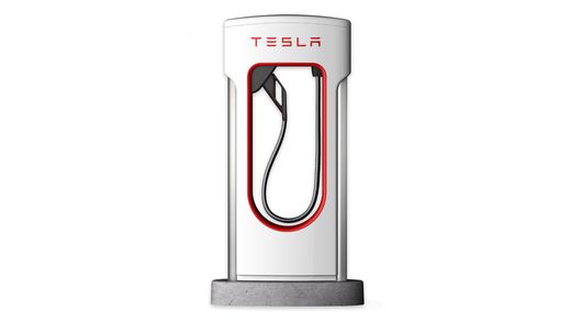White Tesla Supercharger stall with a red inner ring and docked cable on a black background